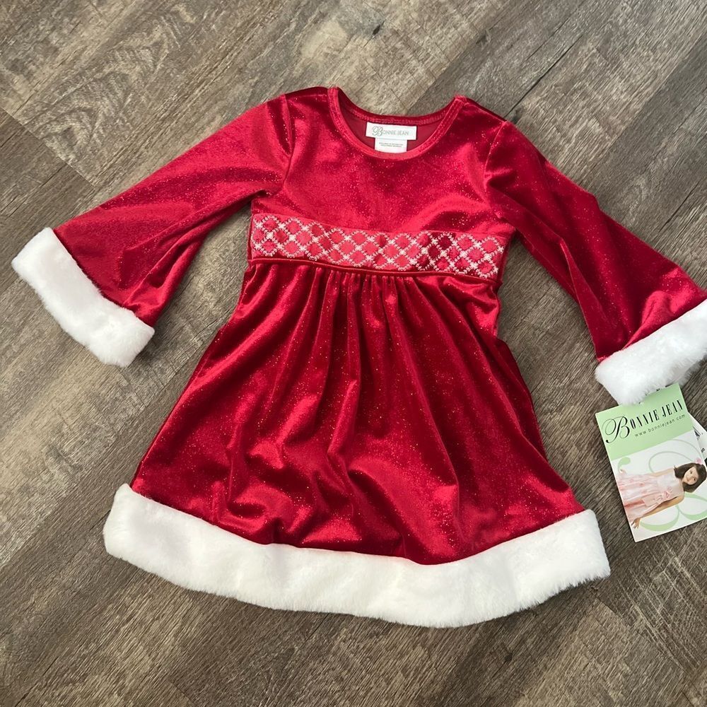 Bonnie Jean Smocked Santa Dress-Size 2T - Picture 1 of 5